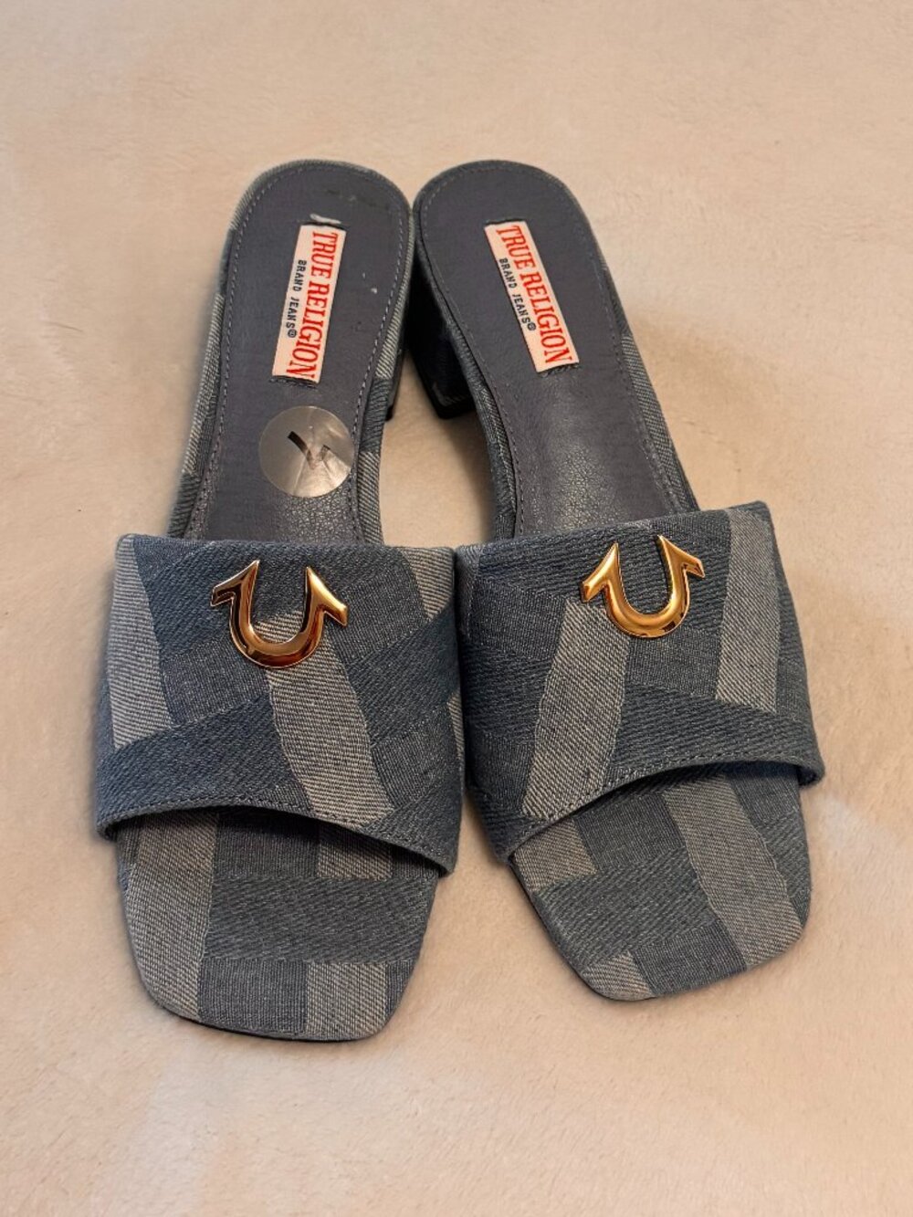 True Religion Patchwork Denim Block Heel Slides